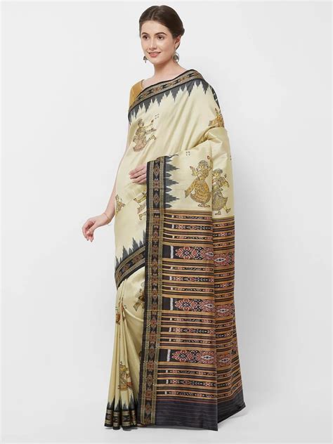 Cream Odisha Khandua Sambalpuri Silk Saree with Pattachitra motifs ...