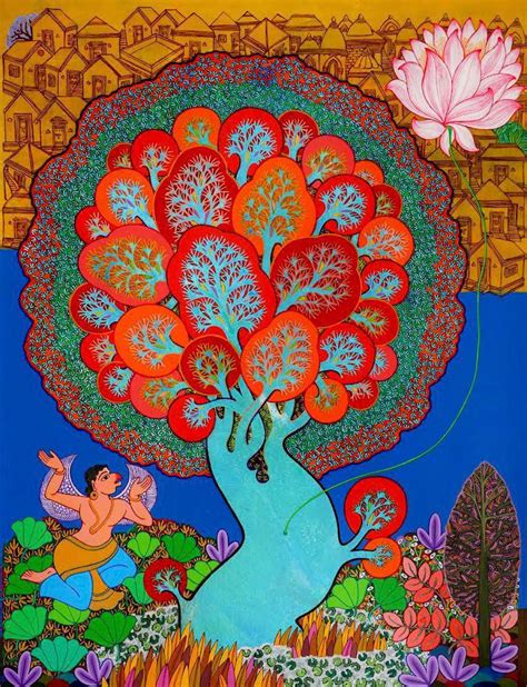 "Shiva 3": Orange Red Acrylic Painting by Chandra Morkonda – ArtZolo.com