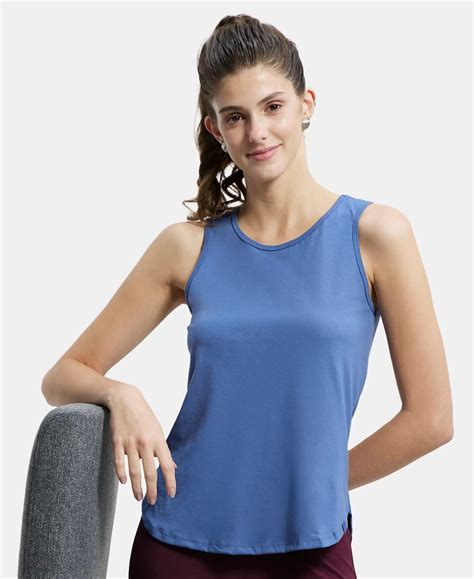 Buy Super Combed Cotton Rich Solid Curved Hem Styled Tank Top - Topaz ...