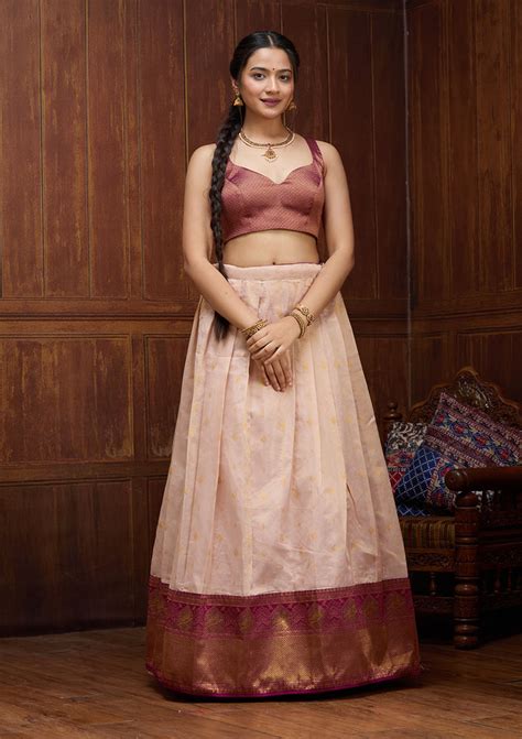 Buy Pink Banarasi Semi-Stitched Lehenga - Koskii