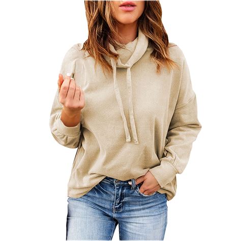 Women's Cowl Neck Hoodie, Women Solid Casual Hooded Sweatshirts Loose ...