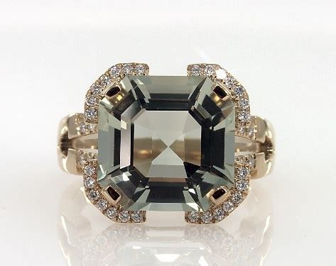 18K Yellow Gold Octagon Prasiolite and Diamond Ring (12.0x12.0mm)-8322631y