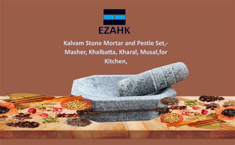 EZAHK Kalvam Stone Mortar and Pestle Set,Masher, Khalbatta, Kharal ...