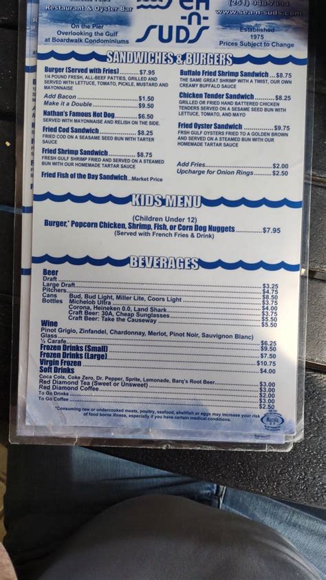 Menu at Sea N Suds restaurant, Gulf Shores