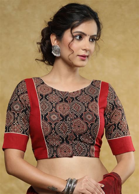 Elegant maroon & black Ajrakh combination Cotton blouse with detailing ...