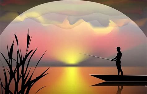 Download wallpaper sunset, boat, vector, fisherman, silhouette, rod ...
