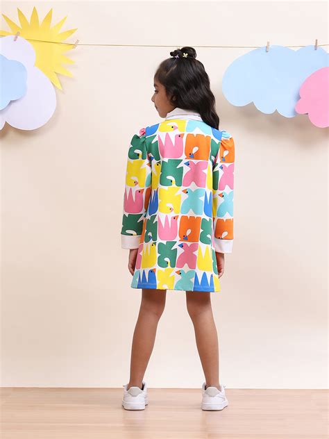 Kids Multicolor Printed Dress with Bow-Tie Accent – Spunkies