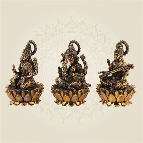 Brass Laxmi Ganesha Saraswati Idol – Auspicious Trio Decor