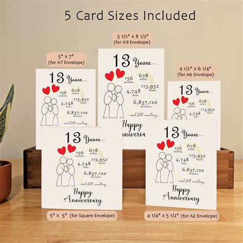 13th Anniversary Card, Couple Design, 5 Printable PDF Cards (digital ...