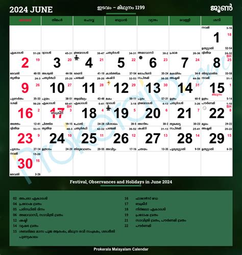 Malayalam Calendar July 2025