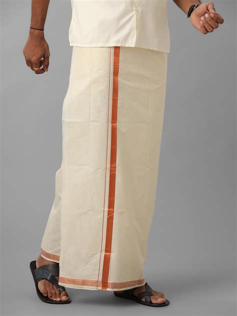 Men Kora Cotton Double Layer Dhoti with Copper Jari Border Mangal