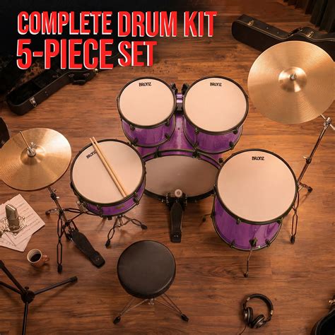 BRONZ Acoustic Drum Kit (Purple) - 5 Pc Complete Drum Set with Hardwar ...