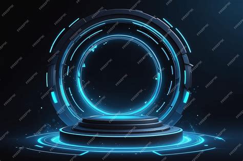 Fantastic modern futuristic neon blue circle portal in smoke stage for ...