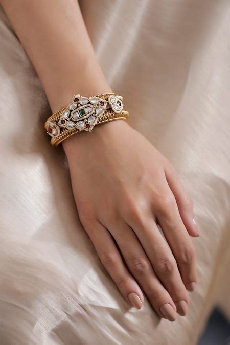 Buy Gold Plated Pearls, Cut Work Carved Kundan Embellished Kada by ...