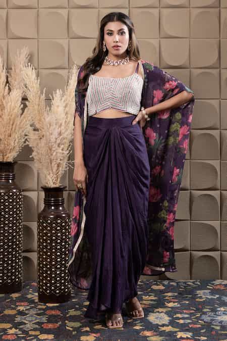 Buy Purple Chiffon Cut Work, Sequins, Pearls Square Neck Floral Cape ...