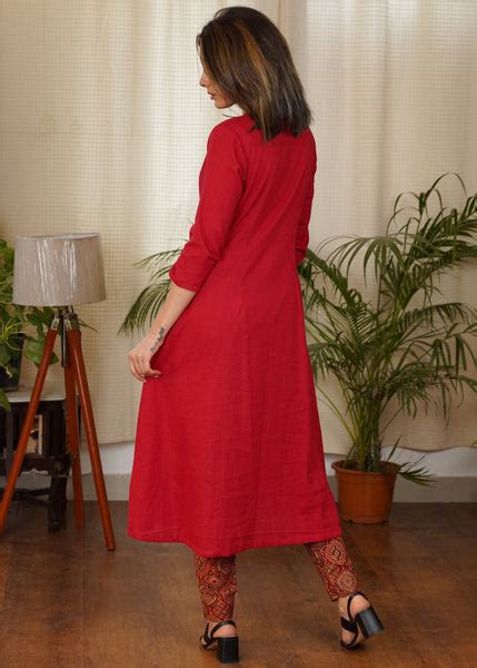 Elegant Red A - line Cotton Kurta With Dull Gold Hand Work in Stones a ...