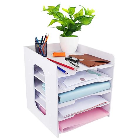Wood A4 Letter Tray 5 Tier,File Paper Tray Desk Caddy Organizer Desktop ...