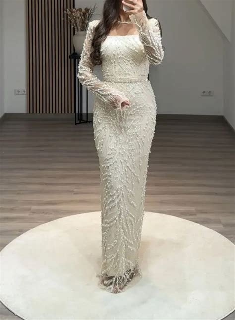 Luxury Square Neckline Long Sleeves Back Slit Floor-Length Evening ...