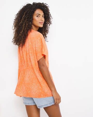 Orange Print Short Sleeve Shirred Waist V-Neck Top | Ambrose Wilson