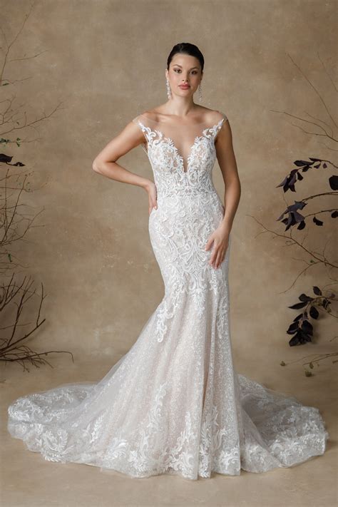 Glenora: Trumpet Wedding Dress with Sheer Bodice and Plunging Neckline ...