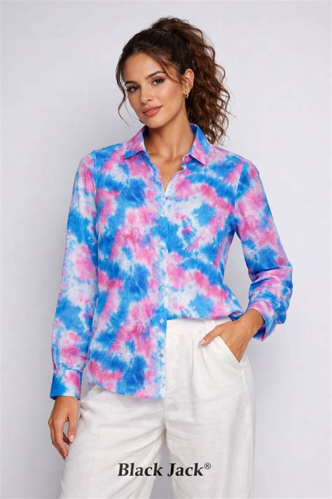 Pure Linen Colorfull Tie Die Smoke Print Women Full Sleeve Shirt By Br