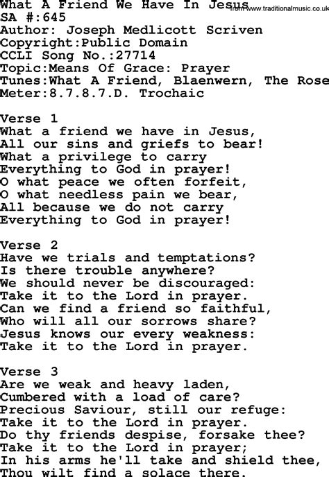 Salvation Army Hymnal Song: What A Friend We Have In Jesus, with Lyrics ...