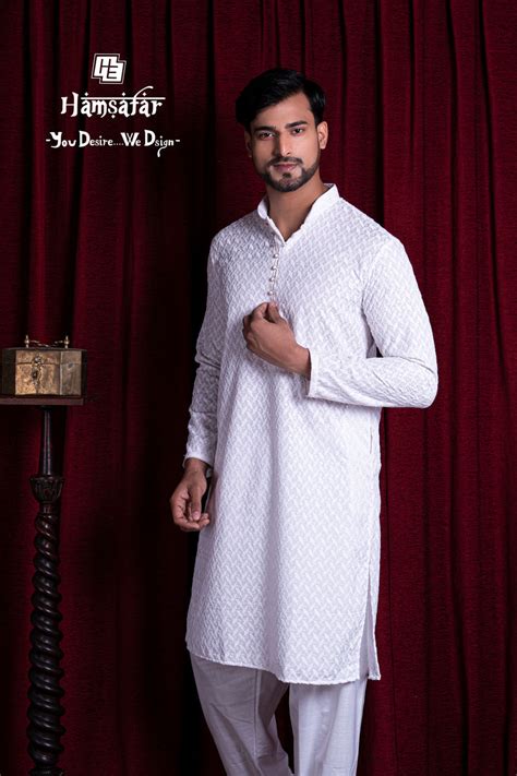 HAMSAFAR Men’s White Cotton Sequins Embroidery Casual Wear Kurta ...