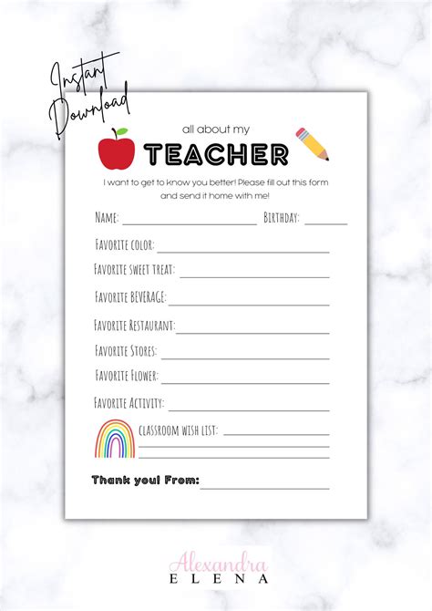 All About My Teacher Questionnaire for Teachers Get to Know My Teacher ...