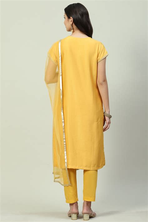 Mustard Art Silk Straight Kurta Slim Pant Suit Set