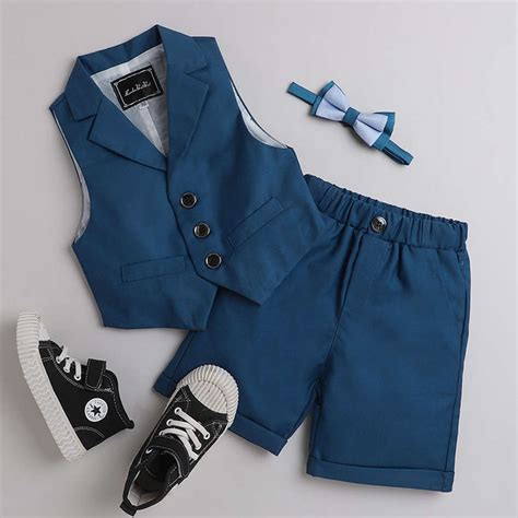Shop Online Boys Blue Solid Waist Coat And Short Formal Set at ₹1309