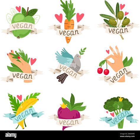 Vegan vector isolated icons with vegetables, fruits, berries and hands. Set of colourful labels ...