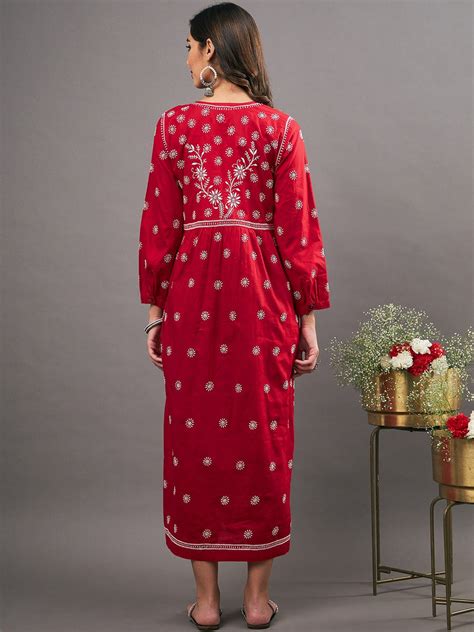 Red Cotton Dress With Chikankari and Front Buttons for Stylis Elegance ...