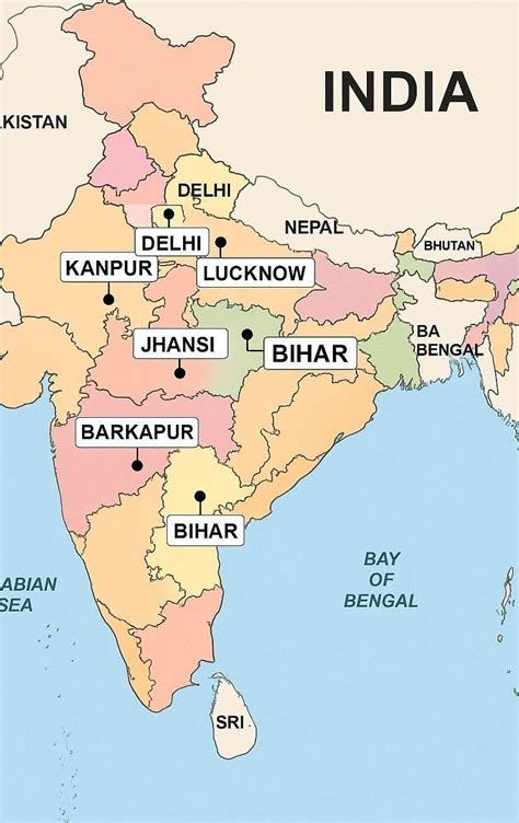 on a political map of India locate Kanpur ,Lucknow, Bihar, Jhansi ...