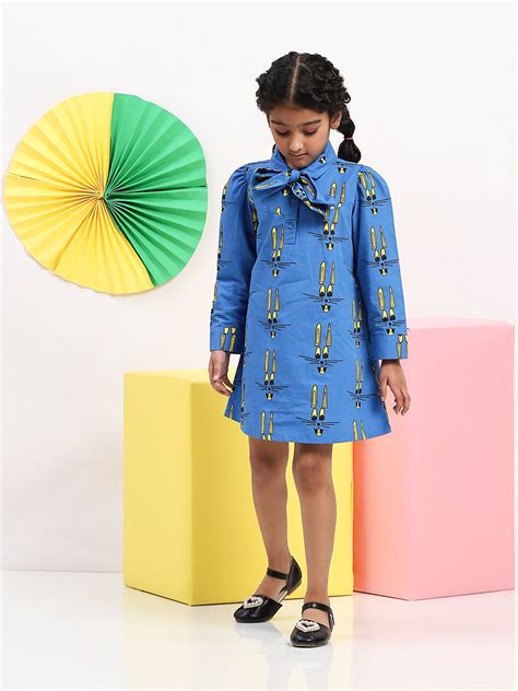 Girls' Blue Cartoon Print Dress with Bow Collar - Fun & Stylish Outfit ...