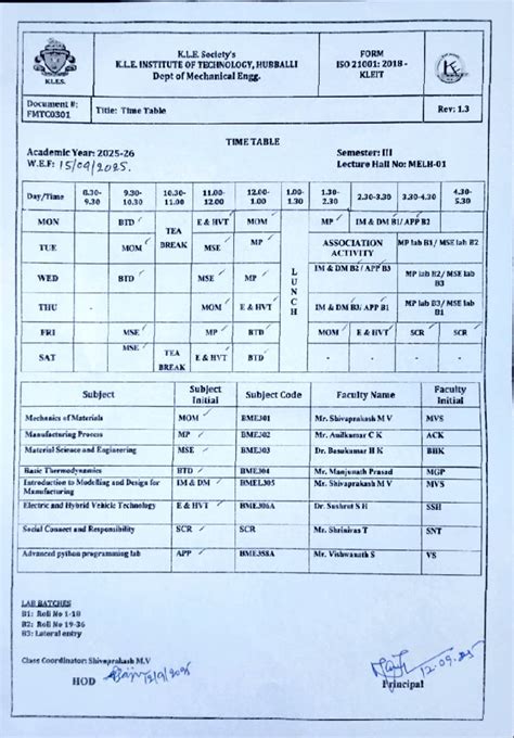 3rd Sem Time Table for BME301, BME302, BME303, BME304, BME305, BME306A ...