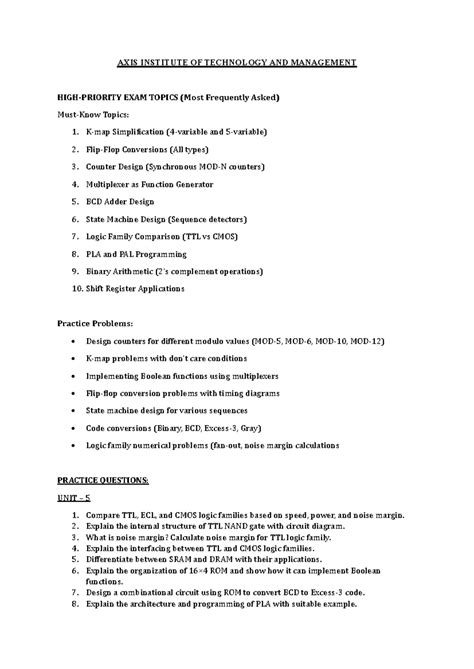 AXIS INSTITUTE OF TECHNOLOGY AND MANAGEMENT EXAM TOPICS (Practice Set ...