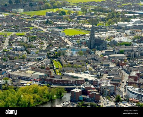 Aerial view, Downtown Limerick on the River Shannon with the city of St ...