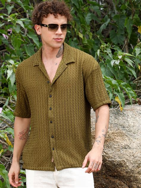 ₹899 | Campus Sutra men's Army Green Striped Knit Oversized Shirt ...