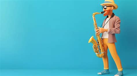 A cartoon man with a beard plays the saxophone in a blue studio ...