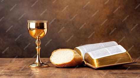 Premium Photo | A golden chalice with wine and a loaf of bread next to ...