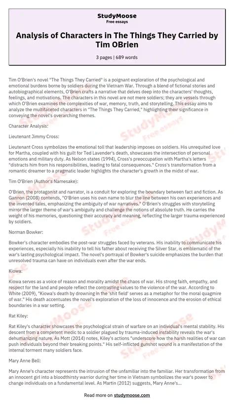 Analysis of Characters in The Things They Carried by Tim OBrien Free ...