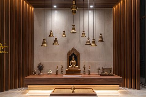 Modern Mandir Design With Wooden Slabs And Hanging Bells