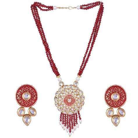 Buy Steorra jewels Red Multi String Golden Tone Kundan Pendant Necklace ...