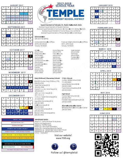 2017 - 2018 District Calendar | Temple Independent School District ...