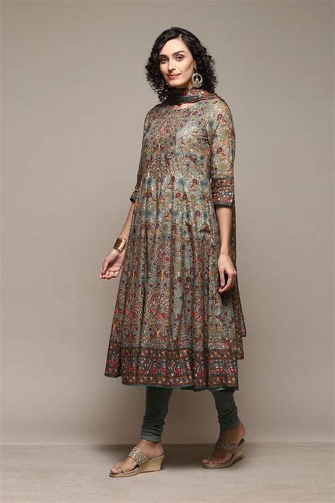 Sap Green Cotton Anarkali Kurta Churidar Suit Set at Biba India