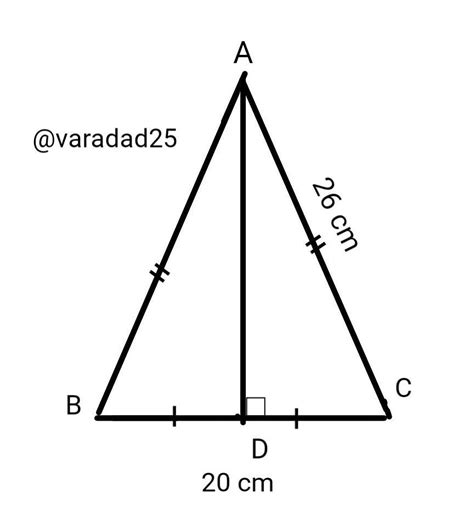 An isosceles triangle has a base of 20 cm and each of its equal sides ...