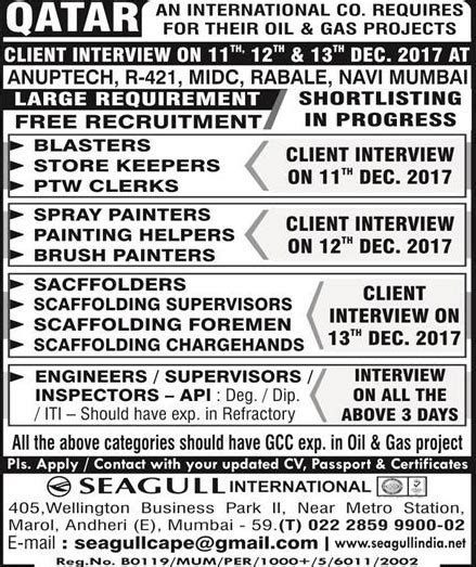 Cape Qatar Jobs Walk-in Interview In Anuptech Rabale Mumbai | Seagull ...