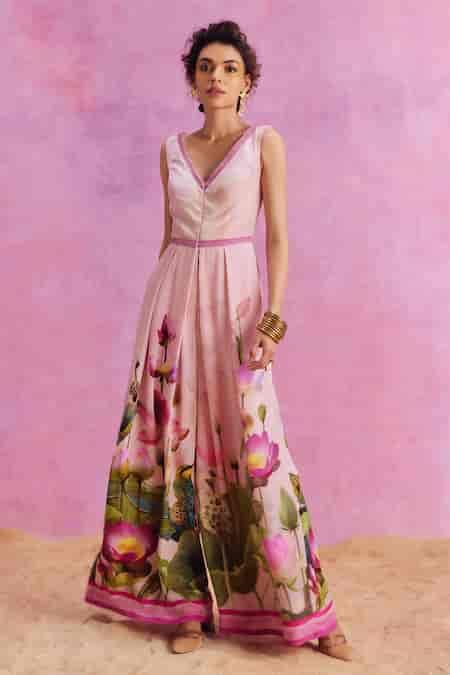 Buy Pink Viscose, Crepe Beads V-neck Isra Lotus Bliss Print Jumpsuit ...