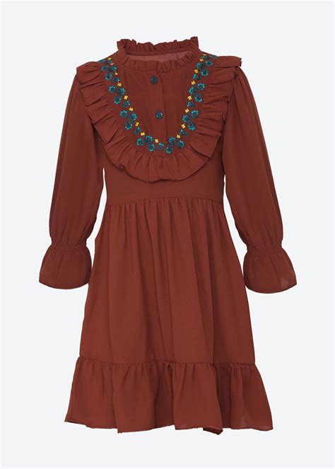 Get Ruffled Overlap Neck Detail Embroidered Rust Dress at ₹ 824 | LBB Shop