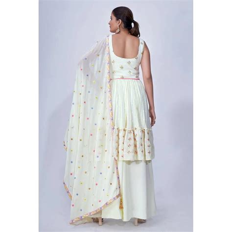 Off White Mirror Work Multi Embroidery Chiffon Palazzo Suit